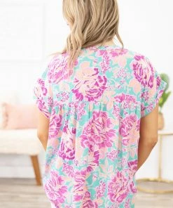 Staccato Tops Turquoise And Fuchsia Floral Top With Tie