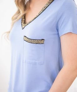 7th Ray Dusty Blue Sequin Trim V-Neck Top