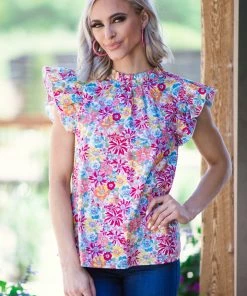 Jodifl Hot Pink Multicolor Floral Flutter Sleeve Top Tops