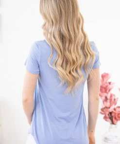 7th Ray Dusty Blue Sequin Trim V-Neck Top