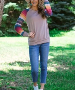 Together Clothing Light Mocha Multicolor Stripe Sleeve Top Tops