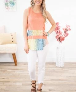 Hailey And Co Salmon Floral Print Colorblock Tank TANK TOPS