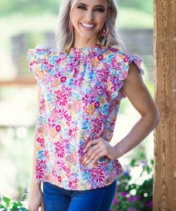 Jodifl Hot Pink Multicolor Floral Flutter Sleeve Top Tops