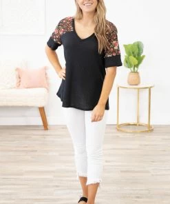 Blumin Apparel Black Multicolor Floral Sleeve V-Neck Top