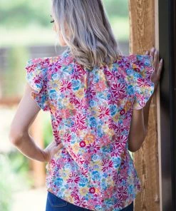 Jodifl Hot Pink Multicolor Floral Flutter Sleeve Top Tops