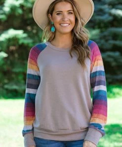 Together Clothing Light Mocha Multicolor Stripe Sleeve Top Tops