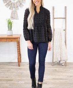 Shewin Black Swiss Dot Notch Neck Top LONG SLEEVES