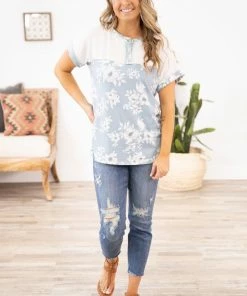 Lovely Melody Tops Dusty Blue Floral Print Colorblock Top 7 Lovely Melody Tops Dusty Blue Floral Print Colorblock Top