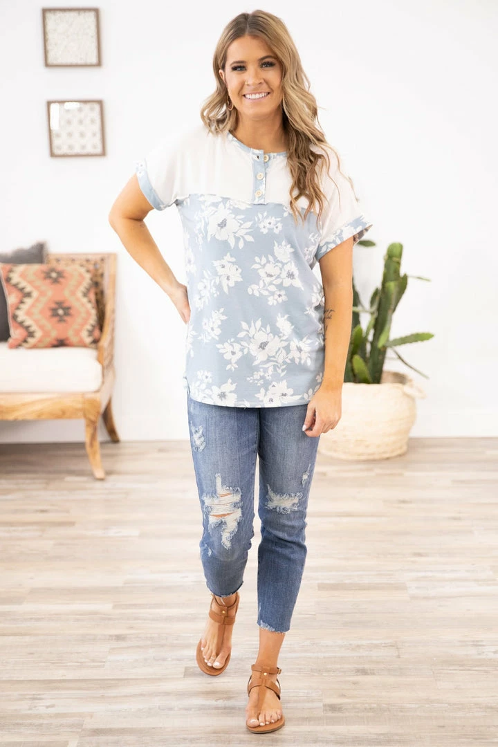 Lovely Melody Tops Dusty Blue Floral Print Colorblock Top 4 Lovely Melody Tops Dusty Blue Floral Print Colorblock Top