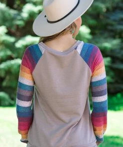 Together Clothing Light Mocha Multicolor Stripe Sleeve Top Tops
