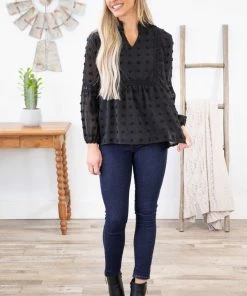 Shewin Black Swiss Dot Notch Neck Top LONG SLEEVES