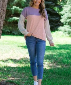 Lovely Melody Tops Lavender And Peach Rib Knit Colorblock Top