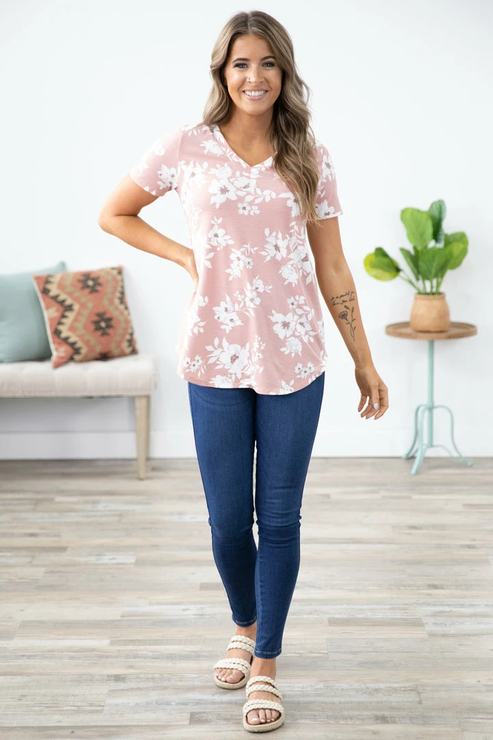 P & Rose Dusty Rose And Ivory Floral Print V-Neck Top Tops 4 P & Rose Dusty Rose And Ivory Floral Print V-Neck Top Tops