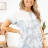 Lovely Melody Tops Dusty Blue Floral Print Colorblock Top