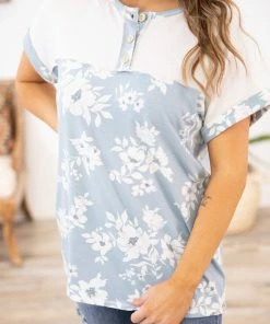 Lovely Melody Tops Dusty Blue Floral Print Colorblock Top 9 Lovely Melody Tops Dusty Blue Floral Print Colorblock Top