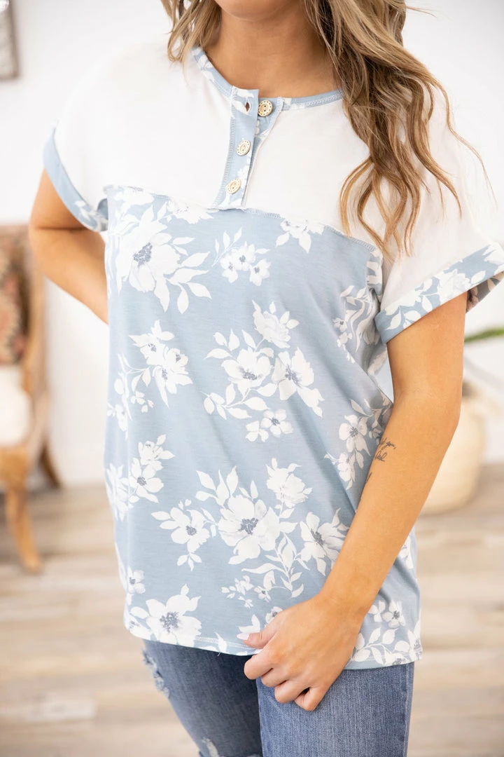 Lovely Melody Tops Dusty Blue Floral Print Colorblock Top 6 Lovely Melody Tops Dusty Blue Floral Print Colorblock Top