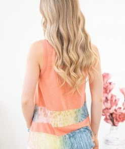 Hailey And Co Salmon Floral Print Colorblock Tank TANK TOPS