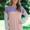Lovely Melody Tops Lavender And Peach Rib Knit Colorblock Top