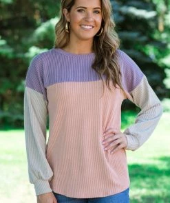 Lovely Melody Tops Lavender And Peach Rib Knit Colorblock Top
