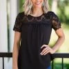 Staccato Black Lace Yoke Short Sleeve Top Tops