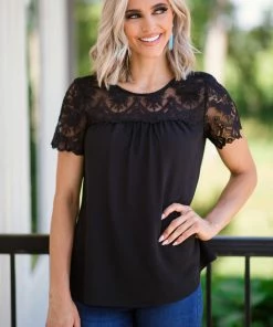 Staccato Black Lace Yoke Short Sleeve Top Tops
