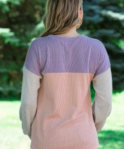 Lovely Melody Tops Lavender And Peach Rib Knit Colorblock Top