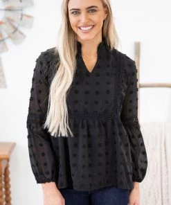 Shewin Black Swiss Dot Notch Neck Top LONG SLEEVES