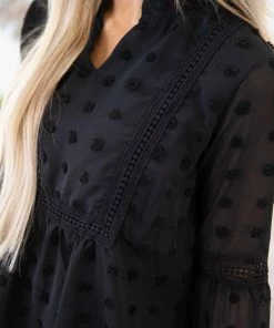 Shewin Black Swiss Dot Notch Neck Top LONG SLEEVES