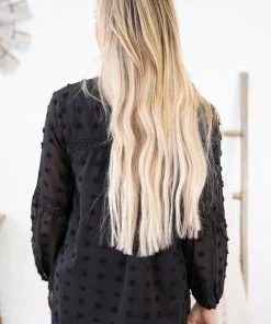 Shewin Black Swiss Dot Notch Neck Top LONG SLEEVES