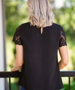Staccato Black Lace Yoke Short Sleeve Top Tops