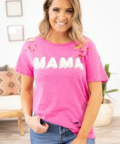 BIBI Tops Hot Pink Distressed Mama Graphic Tee