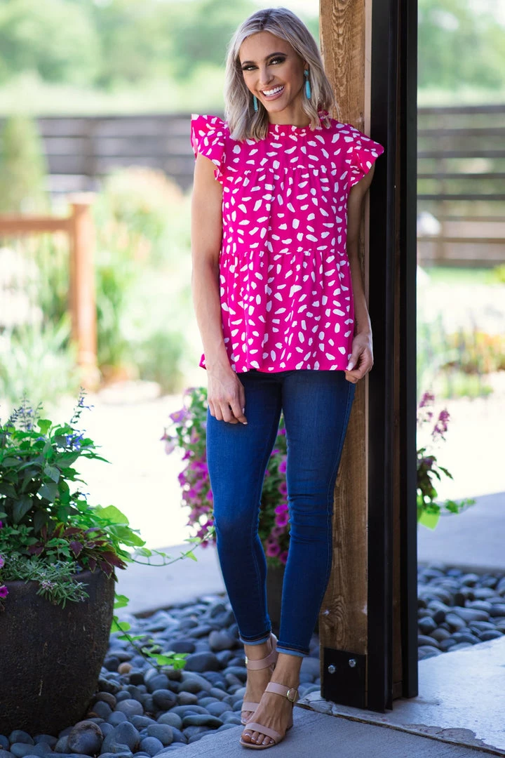 Jodifl Tops Hot Pink Abstract Print Ruffle Cap Sleeve Top 4 Jodifl Tops Hot Pink Abstract Print Ruffle Cap Sleeve Top