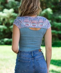 Sugarfox Dusty Blue Multicolor Rib Knit Top With Cutout Tops