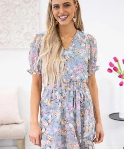 She + Sky Cornflower Floral Print Puff Sleeve Dress