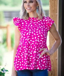 Jodifl Tops Hot Pink Abstract Print Ruffle Cap Sleeve Top