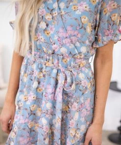She + Sky Cornflower Floral Print Puff Sleeve Dress