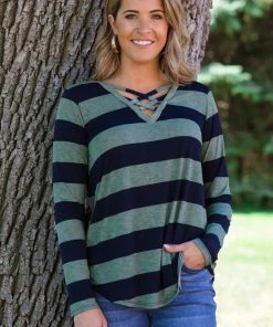 Sew In Love Tops Navy And Sage Stripe Criss-Cross Front Top