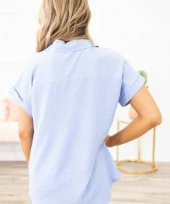 Zenana Pastel Blue Textured Cuff Sleeve Button Up Top