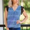 Shewin Blue Abstract Print Crochet Trim Top SHORT SLEEVES
