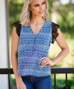Shewin Blue Abstract Print Crochet Trim Top SHORT SLEEVES