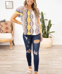 Renee C Yellow Multicolor Abstract Geometric Print Top Tops