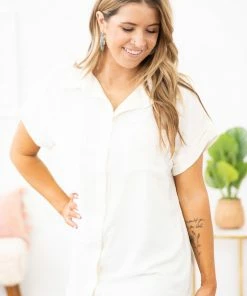 Zenana Cream Textured Cuff Sleeve Button Up Top Tops