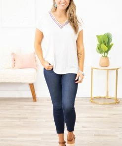 Cozy Co Off White Back Cutout Top With Aztec Trim Tops 10 Cozy Co Off White Back Cutout Top With Aztec Trim Tops