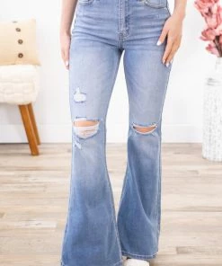 Bottoms Cello Medium Wash Distressed Super Flare Jeans