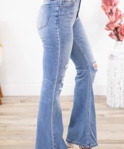 Bottoms Cello Medium Wash Distressed Super Flare Jeans