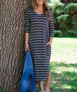 Hailey And Co Graphite And White Stripe Round Hem Midi Dress