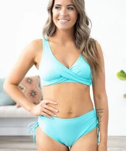 Filly Flair Sales Shop 12 Charmo SWIMWEAR Turquoise Ruched Button Two Piece Swimsuit