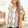 Renee C Yellow Multicolor Abstract Geometric Print Top Tops