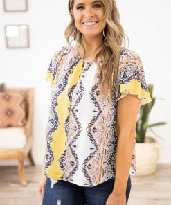 Renee C Yellow Multicolor Abstract Geometric Print Top Tops