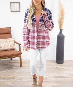 ARTIFACTS LONG SLEEVES Navy And Red Ombre Plaid Button Up Top